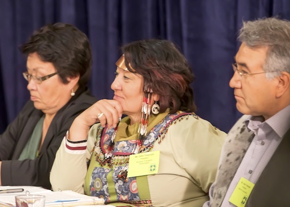 Rebecca Kudloo, president of the Pauktuutit national Inuit women's association, Cathy Towtongie, president of Nunavut Tunngavik Inc., and Jobie Tukkiapik, president of Makivik Corp., at the Aug. 22 meeting in Rankin Inlet and Prime Minister Stephen Harper. (FILE PHOTO)