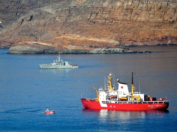 The CCGS Pierre Radisson and HMCS Shawinigan off the coast of Resolution Island Aug. 20 participate in the final exercise of the Operation Nanook's summer military exercises in the Arctic. Read more on Nunatsiaqonline.ca. (PHOTO BY CAPT. DENNIS NOEL/ NDHQ OTTAWA)

