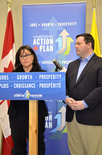 Jason Kenney, the minister responsible for Employment and Social Development Canada, with Nunavut MP Leona Aglukkaq at a press conference held Feb, 22 in Iqaluit. As in earlier visits this week to Whitehorse and Yellowknife, Kenney announced changes to the way that Employment Insurance eligibility will be calculated for EI claimants living in the three territories. (PHOTO BY DAVID MURPHY)