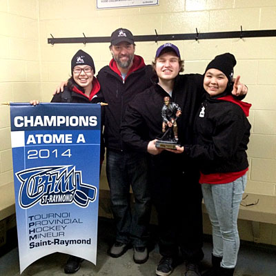 From left, Julia St-Aubin, Joé Juneau, Brandon LaPage and Sasha Kokiapik pose together after the the Nunavik Nordiks Atom team victory at a Quebec tournament earlier this month. (PHOTO COURTESY OF THE NUNAVIK NORDIKS)