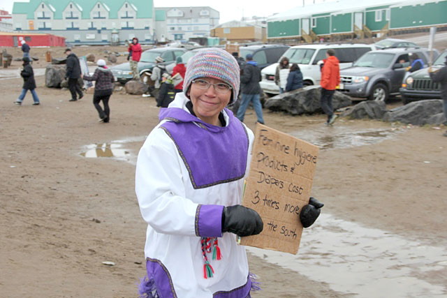 Leesee Papatsie, seen here at a food price protest in Iqaluit in June 2012, says she didn't want to be singled out for a national political citizenship award at first but was convinced it might help keep her Feeding My Family cause alive. (FILE PHOTO)