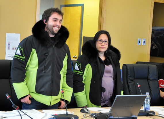 KRG's Ben Whidden, left and Nancianne Grey model Team Nunavik's new parkas for the 2014 Arctic Winter Games. (PHOTO BY SARAH ROGERS) 