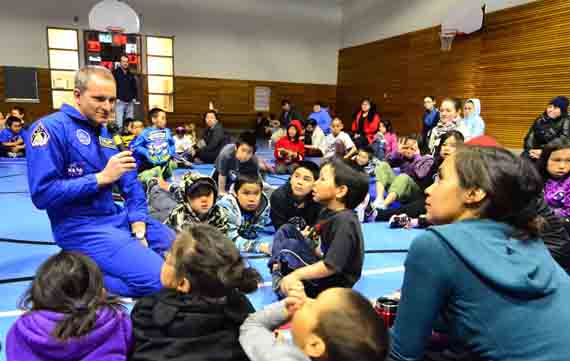 Canadian Space Agency astronaut David Saint-Jacques spoke to students at Umiujaq's Kilutaq school last week about life aboard the International Space Station. Saint-Jacques is a familiar face in the Nunavik community - he served for a time as a doctor and the co-chief of medicine at Inuulitsivik Health Centre in Puvirnituq, serving communities along the Hudson Coast. Saint-Jacques will visit Inukjuak's Innalik school April 1. (PHOTO BY ADAM LEMAY-GAUDET/KSB) 

