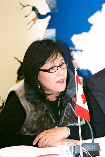 Nunavut MP Leona Aglukkaq speaks to a May 2011 meeting of the Arctic Council in Nuuk, Greenland, Greenpeace has accused the Arctic Council, now under Aglukkaq's chairmanship, of pushing a pro-oil agenda in Arctic waters. (FILE PHOTO) 
