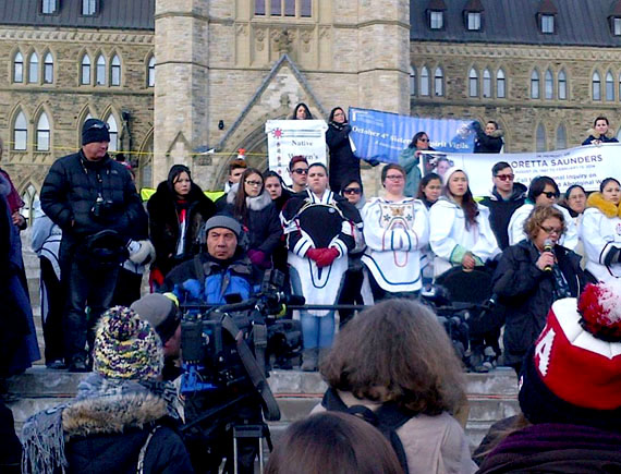 Nunavut Sivuniksavut students at a vigil held March 5 on Parliament Hill in support of a public inquiry into missing and murdered aboriginal women. (PHOTO COURTESY OF NUNAVUT SIVUNIKSAVUT)