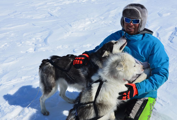 Kuujjuaq musher George Kauki gets some love from his sled dogs April 21, after winning the 20-km Easter dog sled race at Kuujuaq’s Stewart Lake. Six mushers competed in the weekend event, each travelling with a team of four sled dogs. Kauki completed the race in 1 hour and 45 minutes, picking up a $500 prize for his first-place finish. (PHOTO BY ISABELLE DUBOIS) 