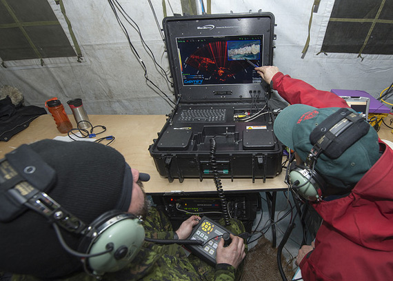 Weapon engineering tech petty officer Geoff White, left and Parks Canada senior underwater archaeologist Jonathan Moore manoeuvre the remote operated vehicle around the Breadalbane shipwreck earlier this month. (PHOTO COURTESY OF CFB SHEARWATER)  