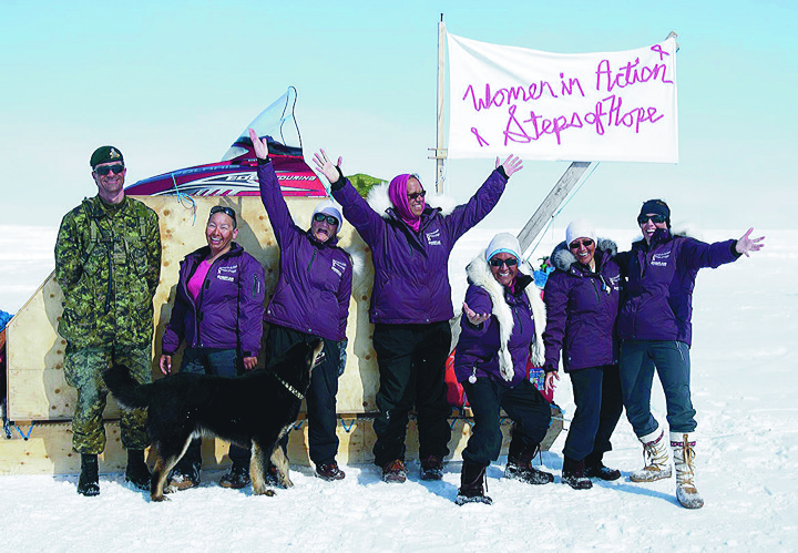 The Women in Action group at the end of their 220-km trek from Bay Chimo to Cambridge Bay in May 2012. From left: Aide de Camp Yannick Fergusson, Janet Brewster, Donna Hakongak, Elizabeth Hadlari, Edna Elias, Jeanie Ehaloak and Jamie Curtis. (FILE PHOTO)