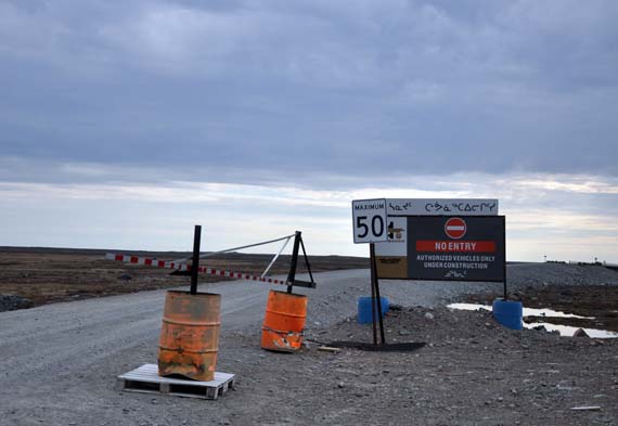 Signage marks the beginning of Agnico Eagle Mine's 24-kilometre road that links the community of Rankin Inlet to its Meliadine gold mine project site. (PHOTO BY SARAH ROGERS) 