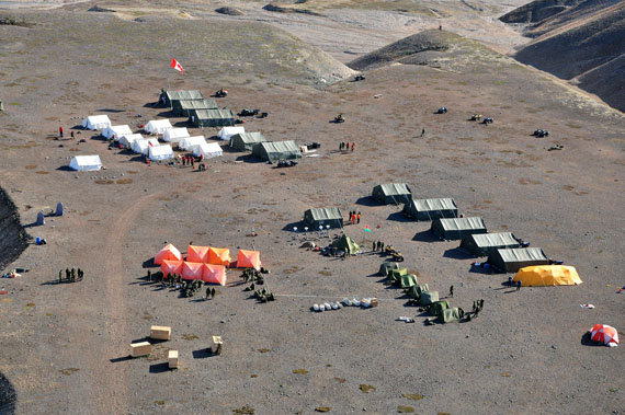 An aerial view taken Aug. 27 of the camp set up at York Sound for Operation Nanook. Most Armed Forces personnel, and others, will wrap up their participation this weekend. (PHOTO BY THOMAS ROHNER)