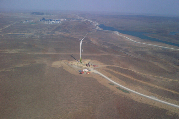 An aerial view of the newly-constructed, 120 metre-high wind turbine a few kilometres from the Raglan nickel mine site in Nunavik. (PHOTO COURTESY OF GLENCORE)