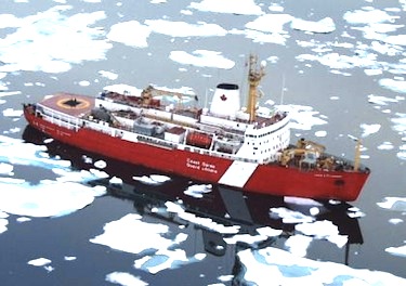 An aerial view of the Canadian Coast Guard icebreaker Louis St-Laurent, which has been called the queen of Canada's icebreaking fleet. After being marooned off Cambridge Bay in 2011 following mechanical breakdowns, the ship was withdrawn from service and put into dry dock for repairs. The refurbished vessel is now heading towards the  Lomonosov Ridge area between Ellesmere Island and Greenland to collect data for Canada's continental shelf extension submission under the UNCLOS process. (PHOTO COURTESY OF THE COAST GUARD) 