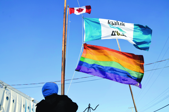 The rainbow flag, which has become a symbol of diversity for the gay, lesbian, transgendered and queer community, flew briefly in the skies of Iqaluit in February. (PHOTO BY DAVID MURPHY)