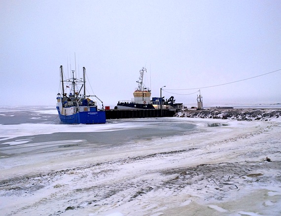 The Martin Bergmann and the Tandberg Polar are already frozen in at the dock in Cambridge Bay where barges usually unload their materials. (PHOTO BY JANE GEORGE)