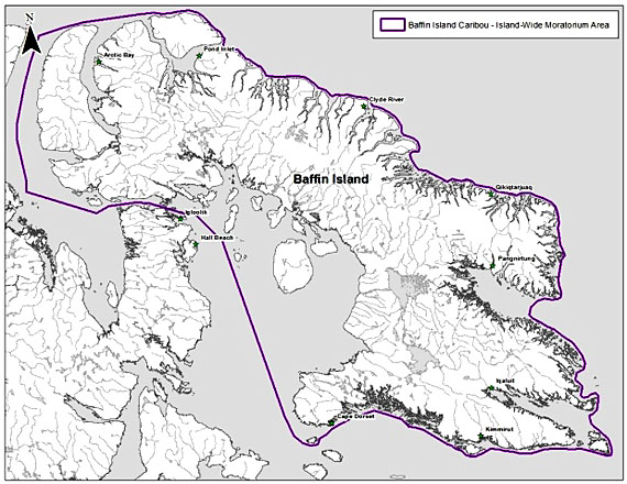 This map shows the area covered by the Nunavut government's interim ban on caribou hunting. (GN HANDOUT IMAGE)