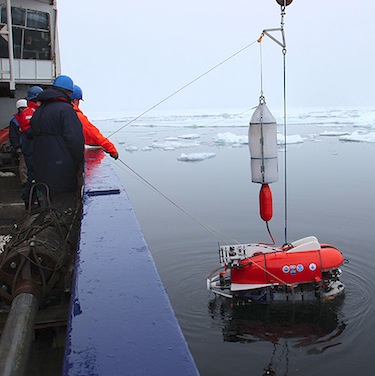 The Nereid Under Ice vehicle is launched from the Alfred Wegener Institute's icebreaker Polarstern. (PHOTO BY CHRIS GERMAN, WOODS HOLE OCEANOGRAPHIC INSTITUTION)
