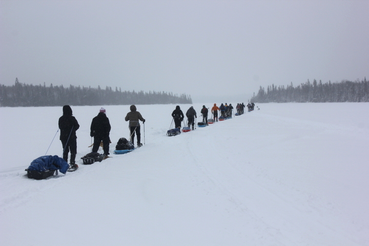 Hardy walkers cross Lac Napoleon near Manawan in 2013, a First Nations reserve in Quebec which is part of the Atikamekw Nation. At the end of this month, 20 people will join Innu surgeon and organizer Dr. Stanley Vollant on a 500-km walk from Schefferville to Kuujjuaq. (PHOTO COURTESY INNU MESHKENU)
