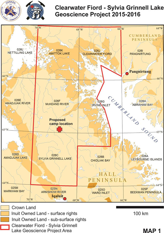 Scientists from the Geological Survey of Canada will survey lands between Iqaluit and Pangnirtung, outlined in red, for mineral resources and soapstone in unprecedented detail this summer. (IMAGE COURTESY OF GSC)