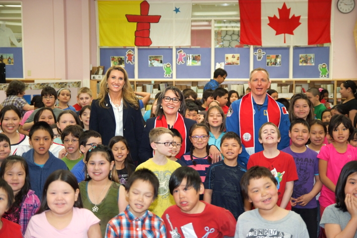 Canadian astronaut David St.-Jacques and Nunavut MP Leona Aglukkaq pose with Nakasuk School students and principal Tracey MacMillan during a March 27 visit to the Iqaluit elementary school. St.-Jacques, a medical doctor who served for a time as Co-chief of Medicine at the Inuulitsivik Health Centre in Puvirnituq, visited both Kuujjuaq and Iqaluit on a northern tour to promote science and the Canadian Space Agency and to inspire children to follow their dreams and goals. (PHOTO COURTESY LEONA AGLUKKAQ)