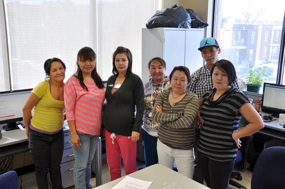 From left, Charlotte Kadjuuk, Barbara Veevee, Jaqueline Evaloakjuk, Salamiva Ilimasaut, Alice (no last name provided), Johnny (name withheld) and Maata Oqutaq are some of the dozens of Montreal-based Inuit who have received support finding work in the city through the Ivirtivik centre, run by the Kativik Regional Government. (PHOTO BY SARAH ROGERS)
