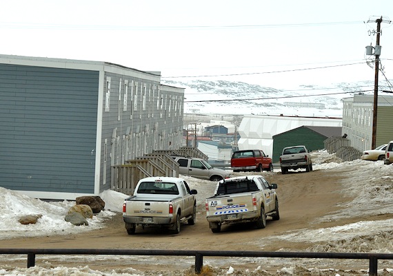 Two RCMP vehicles parked at Iqaluit's Creekside Village, where police coped with a standoff that started in the early hours of May 2 and ended peacefully at 11:45 a.m. Read Nunatsiaqonline.ca for updates. (PHOTO BY THOMAS ROHNER)