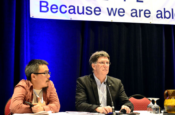 Vinnie Karetak, a Nunavut Sivuniksavut alumnus and Morley Hanson, an NS senior staff member, talk about the organization's 30-year history April 28 at a conference called NS @30, held inside the Hilton Lac Leamy in Gatineau, Que. to celebrate NS's 30th birthday. (PHOTO BY JIM BELL)