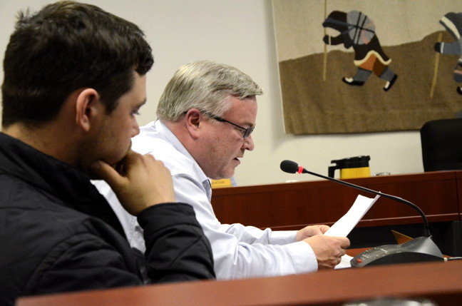 Sheldon Nimchuk, right, of the Nunavut Brewing Company, makes a presentation June 23 to Iqaluit city councillors about creating an Iqaluit-based brewery. One of his business partners, Cody Dean, left, said if things go well, they could even consider exporting their products one day. (PHOTO BY DAVID MURPHY) 