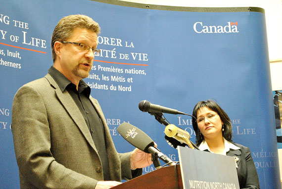 Chuck Strahl, then the AAND minister, and Nunavut MP Leona Aglukkaq announcing the Nutrition North Canada program at an May 2010 news conference in Iqaluit. (FILE PHOTO) 