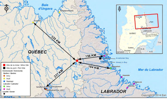 This map shows the Strange Lake mine project site in proximity to Kuujjuaq, 325 kilometres northwest, and to the Labrador coast, about 150 kilometres east. (IMAGE COURTESY OF QUEST RARE MINERALS) 