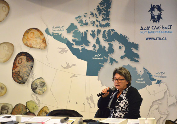 Mary Simon, former ITK president, Canadian Arctic ambassador and panelist at the language summit in Iqaluit this week, delivers her closing remarks. In them, she described a recommendation from the summit to adopt a standardized form of written Inuktut, based on Roman orthography. (PHOTO BY STEVE DUCHARME)

