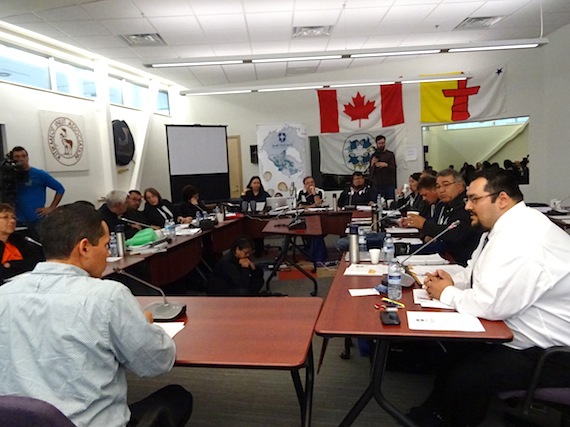 Natan Obed fields questions from Adamie Delisle Alaku, a vice president of Makivik Corp., about his mastery of Inuktitut after Obed's Sept. 17 speech — in English — to delegates at the Inuit Tapiriit Kanatami annual general meeting in Cambridge Bay. (PHOTO BY JANE GEORGE)