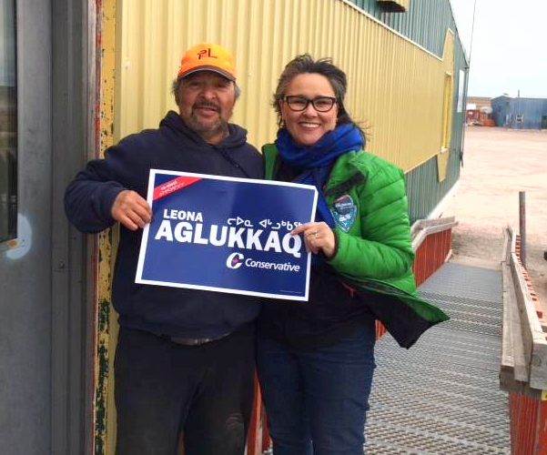 Conservative MP Leona Aglukkaq on the campaign trail with Baker Lake supporter Peter Tapatai. (PHOTO COURTESY LEONA AGLUKKAQ)