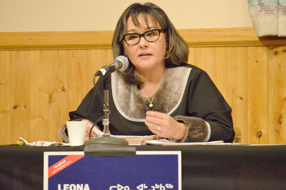 The incumbent Conservative MP, Leona Aglukkaq, faced a mostly hostile audience of predominantly Liberal and NDP supporters at an all-candidates forum in Iqaluit Oct. 13. (PHOTO BY STEVE DUCHARME)