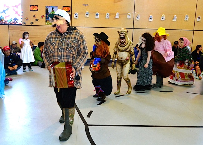 A spooky, and musical, kick-off to Halloween in Kuujjuaq: students in Pitakallak elementary school's Grade 3 class parade around the gym Oct. 30 with their Inuktitut teacher Ulaayu Pilurtuut leading the way as parents watch with their cameras in hand. Kuujjuaq hosted a number of Halloween events over the weekend, including costume contests for both children and adults. (PHOTO BY ISABELLE DUBOIS)