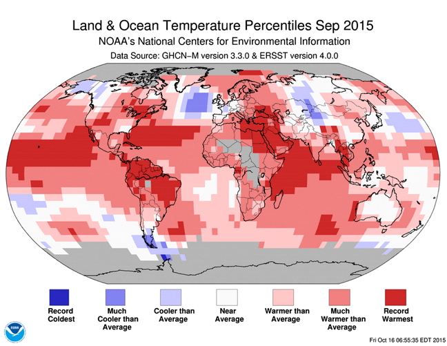 The National Oceanic And Atmospheric Administration, an American scientific body that monitors weather, atmosphere and the earth's oceans, reports that September 2015 was the hottest September globally ever recorded. Global temperatures, on land and ocean surfaces were, on average, 0.9 C higher than normal, according to an Oct. 28 news release from the NOAA which has been measuring these things since 1880. It was also the biggest jump in average temperatures in the organization's 136-year history, surpassing the previous record set in both February and March 2015: 0.01 C. 