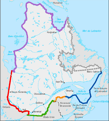 Quebec's northernmost border, shared with Nunavut, is indicated by the purple line. (IMAGE COURTESY OF ENERGY AND NATURAL RESOURCES QUEBEC)