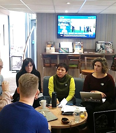 Okalik Eegeesiak, the chair of the Inuit Circumpolar Council, in the centre, talks Nov. 30 in Paris with other members of the joint Inuit-Saami delegation to COP21. (PHOTO COURTESY OF THE SAAMI COUNCIL)