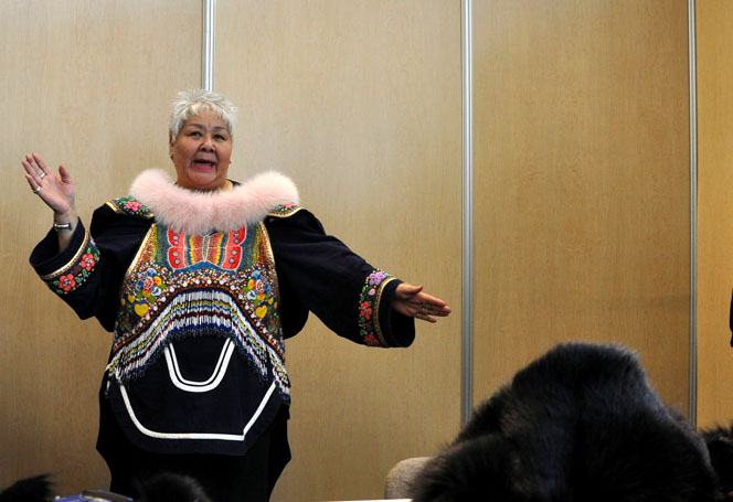 Inuit leader Meeka Kilabuk, 64, a business woman and former president of the Qikiqtani Inuit Association, seen here in 2012 displaying one of her unique Inuit parka designs, died Nov. 7 in Ottawa. (PHOTO BY SARAH ROGERS)
