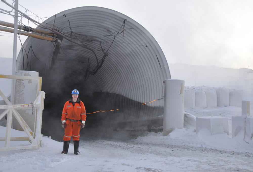Apprentice miner trainer Samwillie Grey-Scott, originally from Aupaluk, stands at the entrance of the Qakimajuq mine, Raglan's newest mine, which went into operation in early 2015. (PHOTO BY SARAH ROGERS)