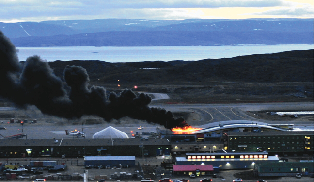 Iqaluit’s under construction $418-million airport terminal suffers an accidental roof fire in September causing an estimated $1 million in damages. (PHOTO BY THOMAS ROHNER)
