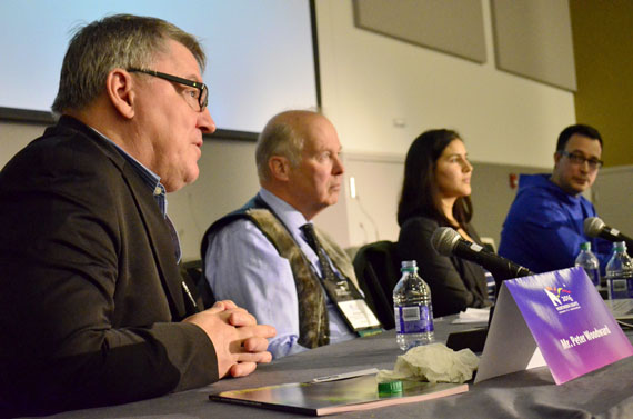 Panel members at a conference session on marine transportation held Jan. 27 at Northern Lights 2016 in Ottawa: Peter Woodward of the Woodward Group of Companies; Jim Stevens, the assistant deputy minister in charge of transportation at the Government of Nunavut; Kala Pendakur, a researcher at the Conference Board of Canada; and Victor Tootoo, the panel moderator. (PHOTO BY JIM BELL)