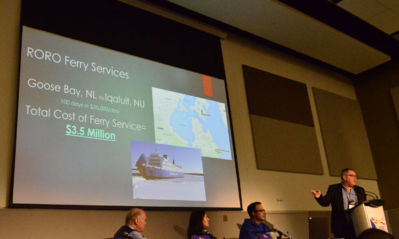 Peter Woodward, vice president of operations for the Woodward Group of Companies, describes his company's proposal to start a vehicle ferry and dry cargo service between Iqaluit and the Port of Goose Bay, during a Jan. 27 presentation at the Northern Lights 2016 event in Ottawa. (PHOTO BY JIM BELL)