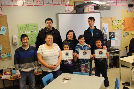 These 3rd graders from Puvirnituq’s Ikaarvik school receive their Level 1 certificates as Ikaarvik police March 2. Under the Kativik Municipal Housing Bureau’s Pivallianiq program, the students help keep fellow students safe every day during recess by preventing fights and supporting students who are crying or hurt. The program works closely the with local Kativik Regional Police Force. (PHOTO COURTESY OF PIVALLIANIQ)
