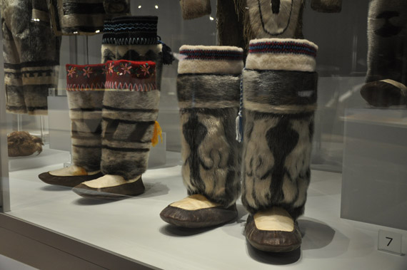 Iglulingmiut seamstress Leah Okadluk made these men's kamiit in 1987, complete with an intricate fur inlay of two polar bears gazing at each other. (PHOTO BY SARAH ROGERS) 