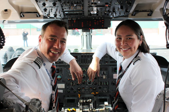 Air Inuit pilot Melissa Haney, right, with co-pilot  Martin Roy in Kuujjuaq March 21. Haney, 34, will become the airline's first Inuk woman captain in 2016. (PHOTO BY KASSANDRA LEDUC) 
