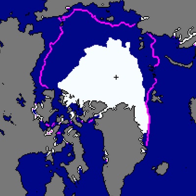 This image of a tiny Arctic sea ice extent cropped up in early April on the National Snow and Ice Data Center's website: it's now been pulled along with other images from April, which the NSIDC maintains were caused by a bad sensor on a satellite. 