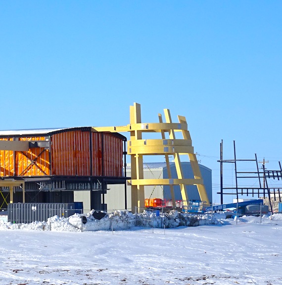 In this photo taken last month of the Canadian High Arctic Research Station you can see the huge wooden beams of the main research building's future public gathering area. (PHOTO BY JANE GEORGE)