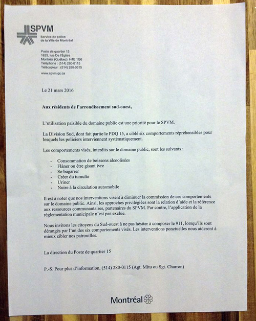 Montreal police were distributing this letter to residents of the city's St. Henri neighbourhood this week, warning of recent disturbances. But when police visited one resident's home, they suggested the disturbances had been caused by homeless Inuit in the neighbourhood. (IMAGE COURTESY OF S. PUSKAS)