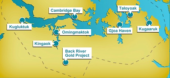 This map shows the location of Sabina Gold and Silver Corp.'s Back River mine, known as Hannigayok in Inuinnaqtun, along with western Nunavut communities. (IMAGE COURTESY OF SABINA)