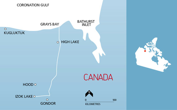 This map shows a route for a proposed port at Grays Bay on Coronation Gulf that would be connected by an all-weather road to a zinc mine at Izok Lake. (MMG IMAGE)
